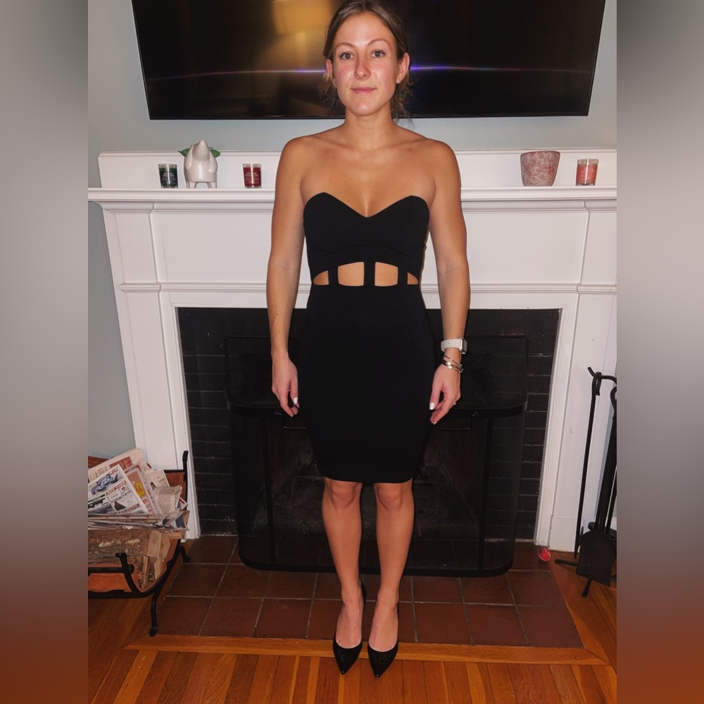 Midi Strapless Black Dress with Cutouts